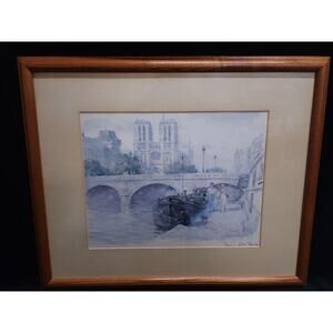 Signed Gu Gongdu Paris Notre Dame Chinese Artist Watercolor Painting Framed Art